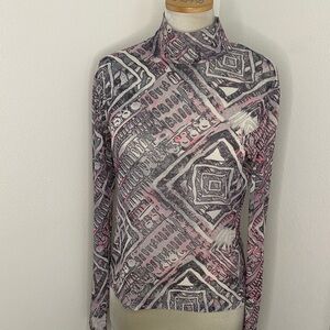 St John Sport mesh sheer grey gray pink print long sleeve top blouse small s
